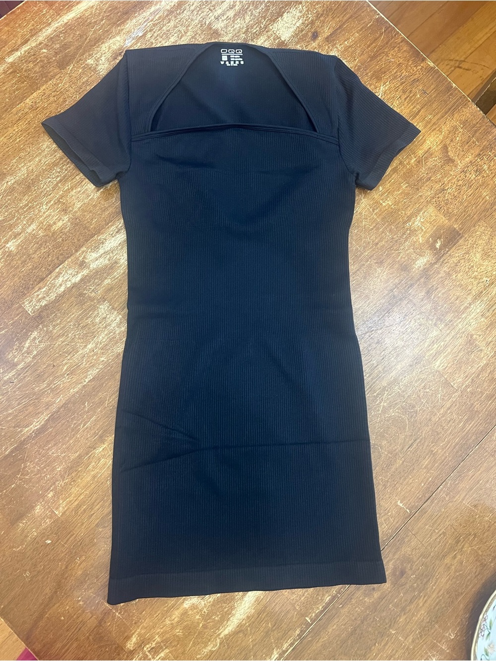 OQQ Stretch Ribbed Black Mini Dress with Square Neck
